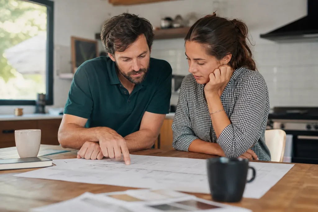 Couple étudiant des plans de rénovation