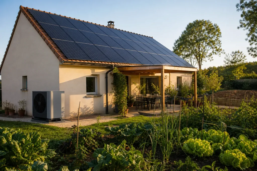 Maison u00e9cologique avec potager, panneaux solaires et pompe u00e0 chaleur