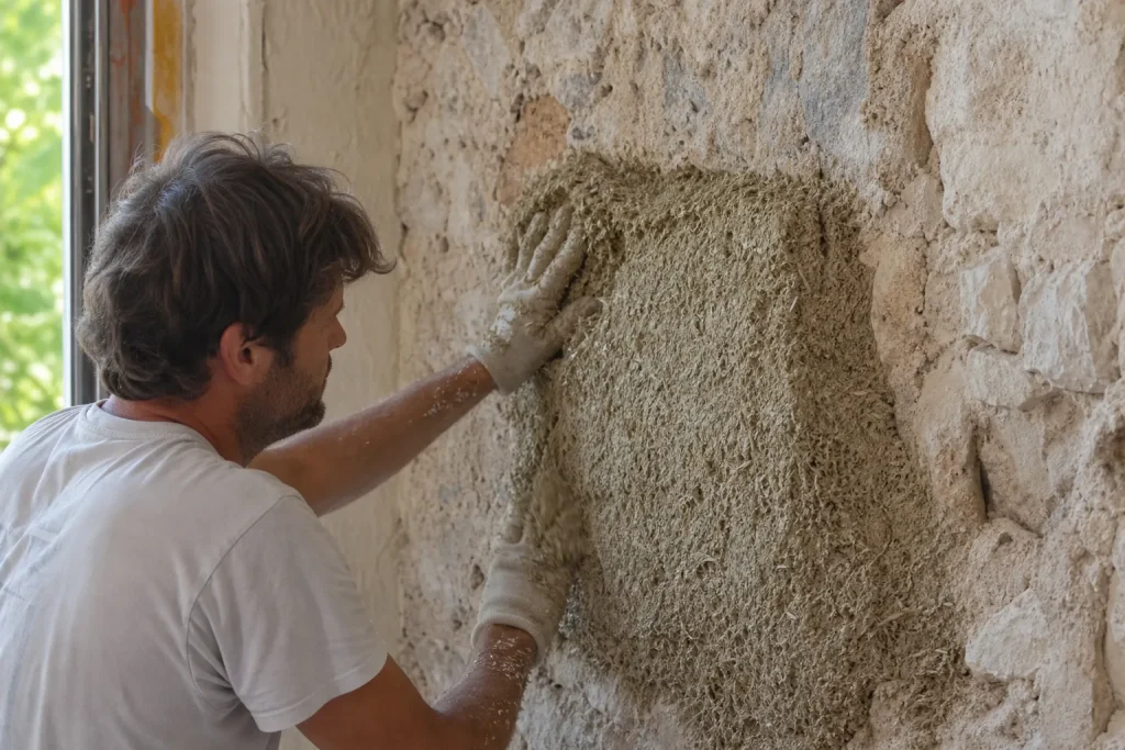 Application d'un enduit chaux-chanvre sur un mur en pierre