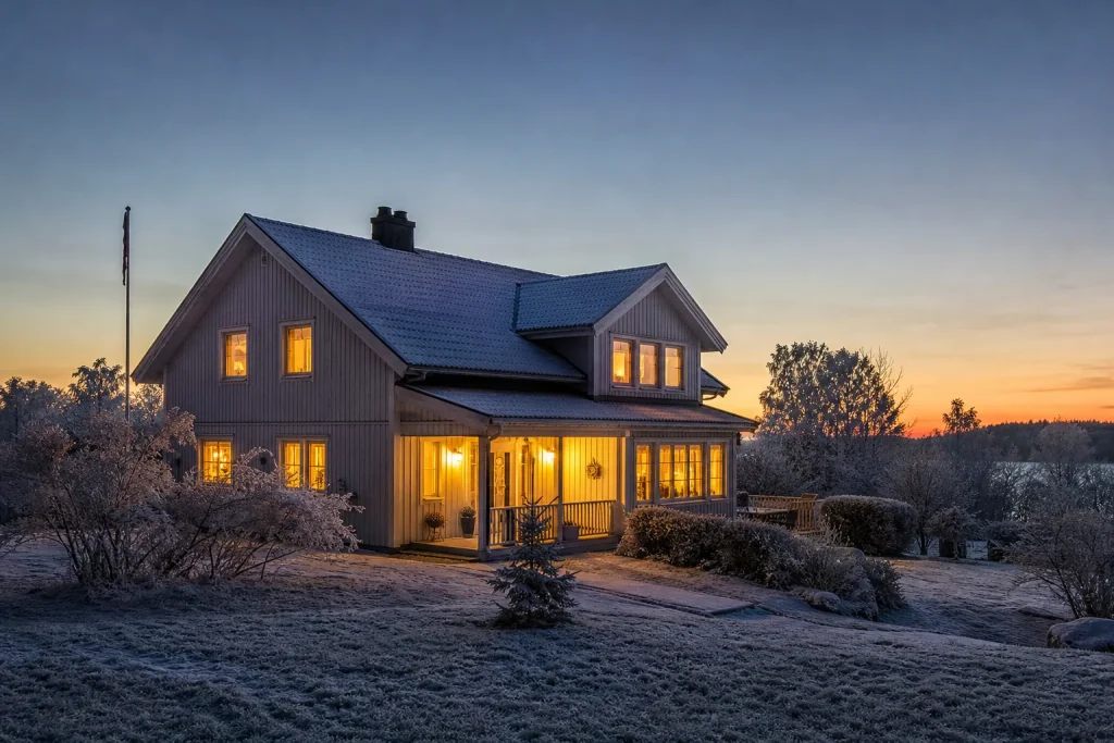 Maison isolée éclairée un soir d'hiver
