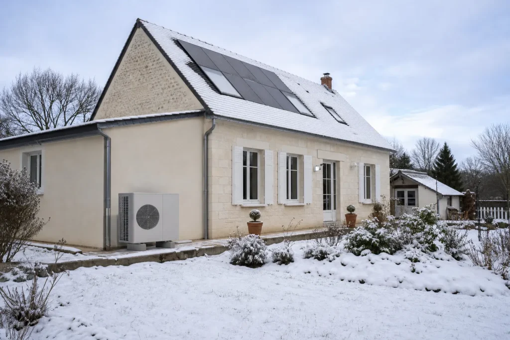 Maison isolée avec pompe à chaleur et panneaux solaires en hiver
