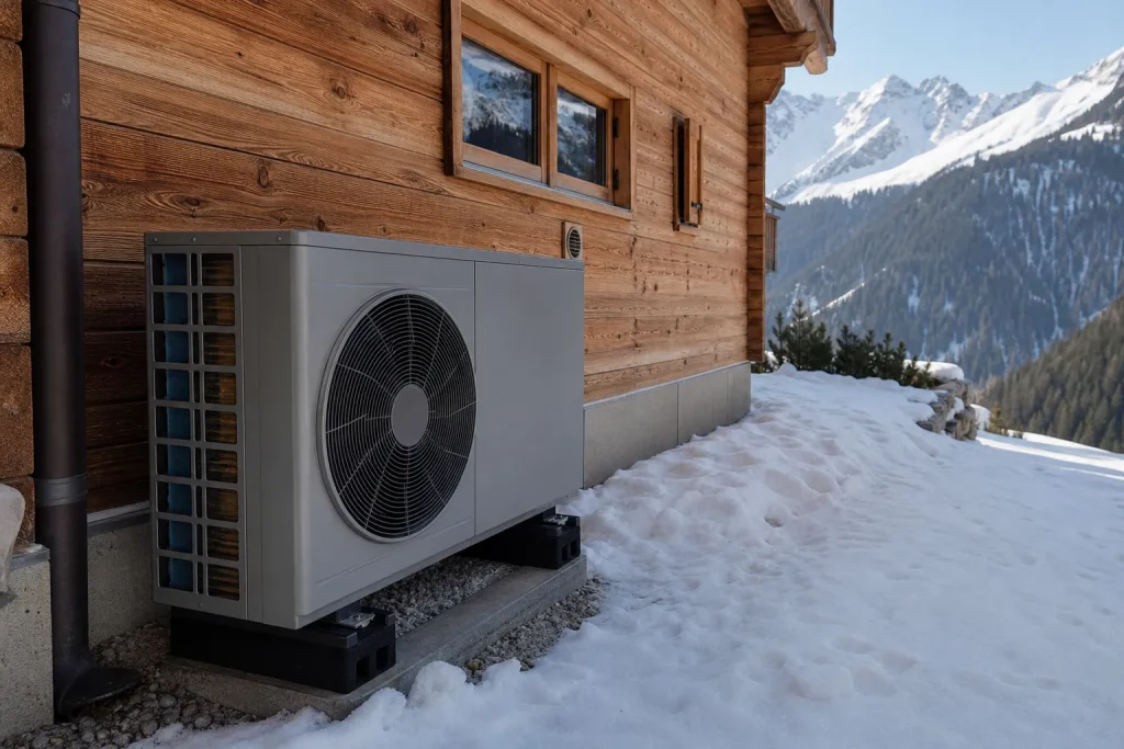 Pompe u00e0 chaleur pru00e8s d'un chalet enneigu00e9