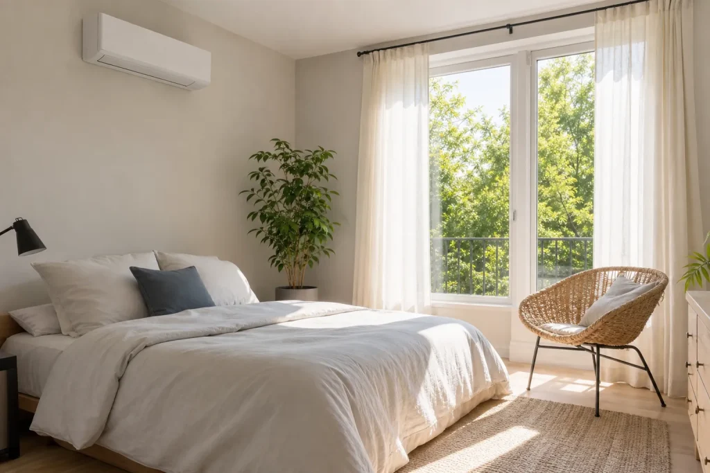 Chambre rafraîchie par une pompe à chaleur en été