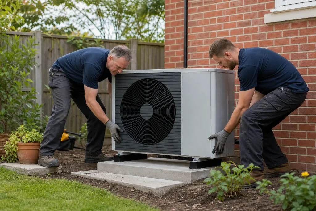 Installateurs posant une pompe à chaleur sur un socle