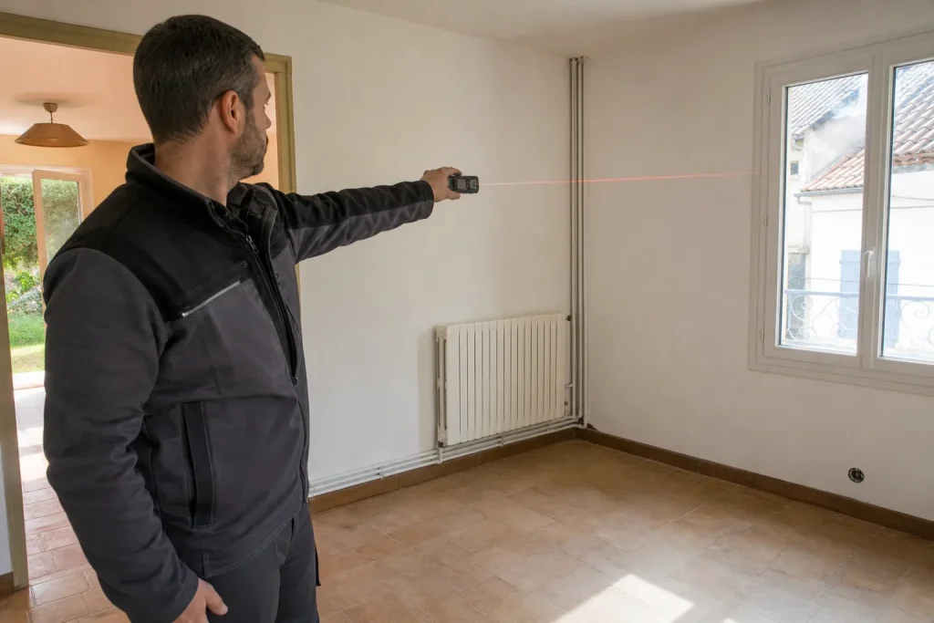 Technicien mesurant une piu00e8ce