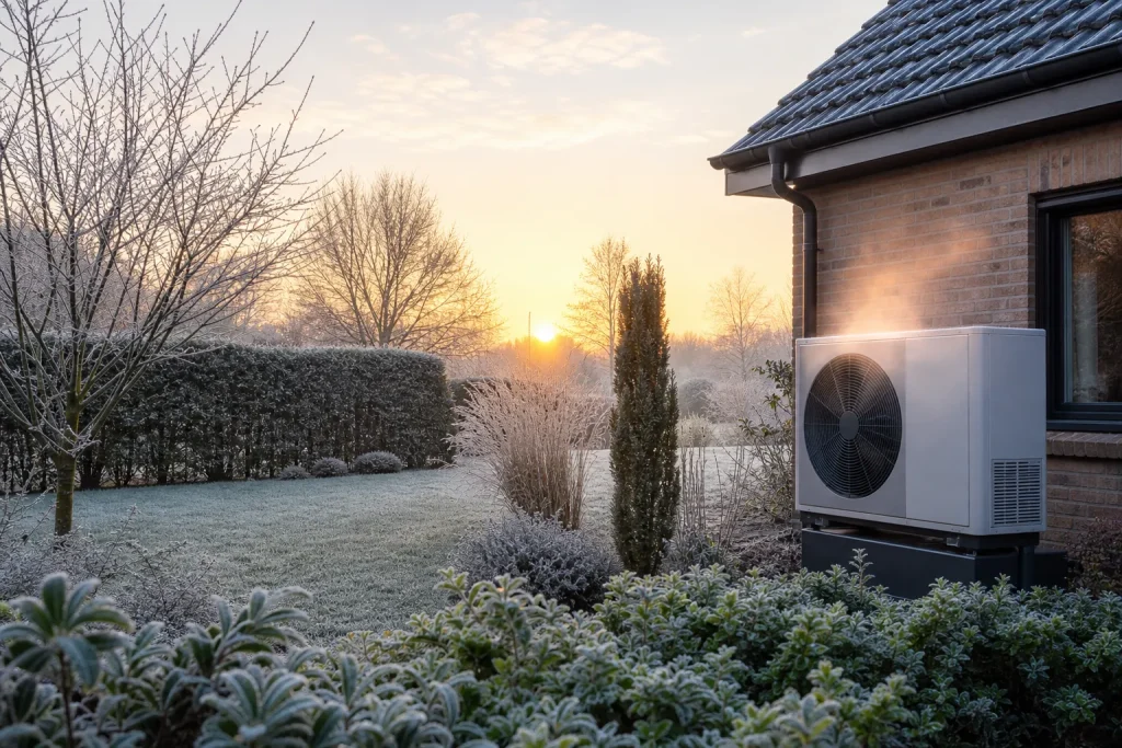 Pompe à chaleur en fonctionnement par un matin de gel