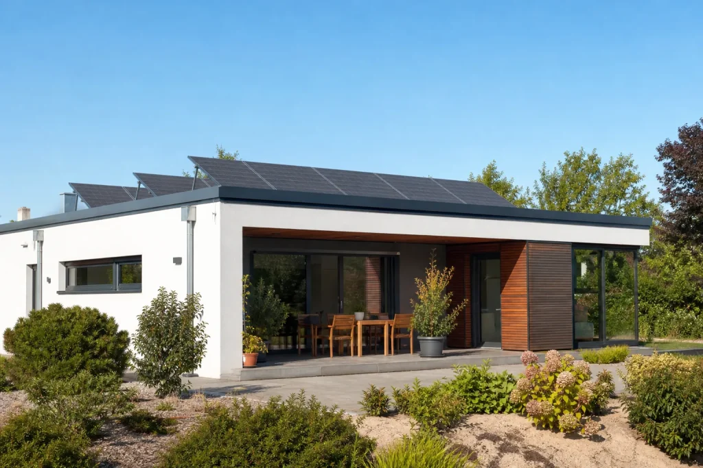 Maison moderne avec panneaux solaires sur toit plat